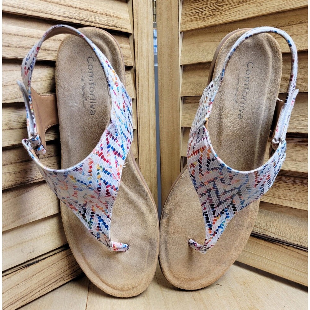 Comfortiva Calina White Multi Thong Wedge Sandal Women's Sleek Adj Strap 10W - Picture 1 of 10